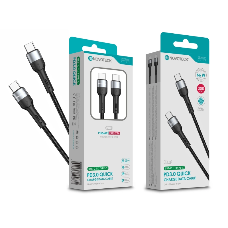 Cabo USB-C para USB-C NOVOTECK S-110 - PD 3.0 Quick Charge,66W,300cm,Negro,Trançado em Nylon