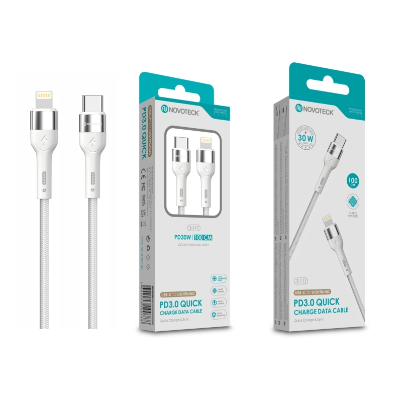 Cabo USB-C para Lightning NOVOTECK S-111 - PD 3.0, 30W, Branco,100cm,Trançado em Nylon