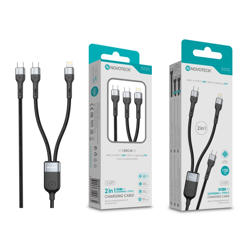 Cabo de Carregamento 2 em 1 NOVOTECK S-099 USB-C to Typ-C 60W e Lightning 27W, Durável, 100cm