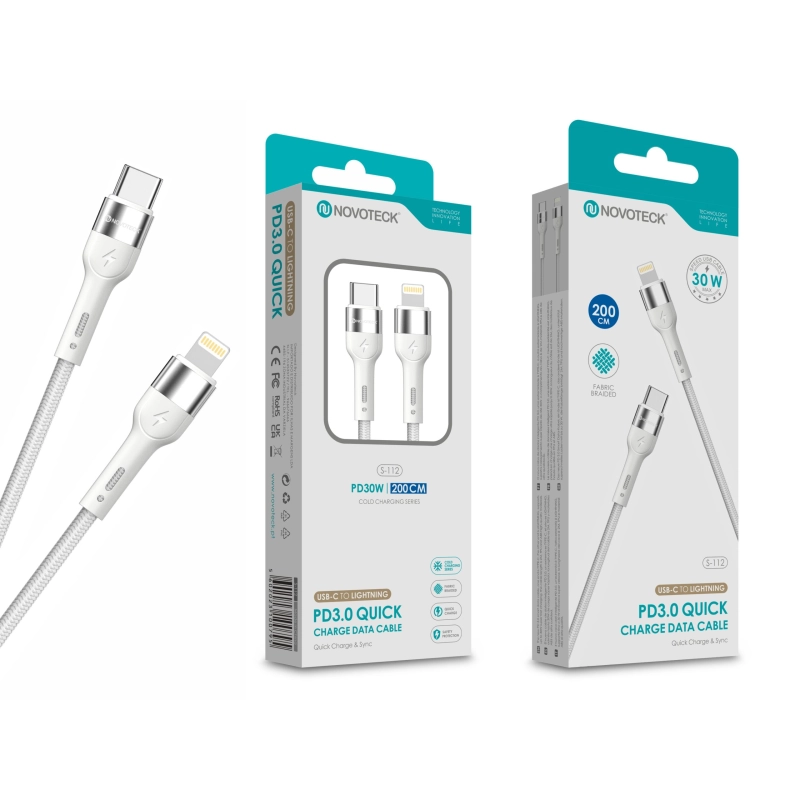 Cabo USB-C para Lightning NOVOTECK S-112 - PD 3.0, 30W, Branco,200cm,Trançado em Nylon