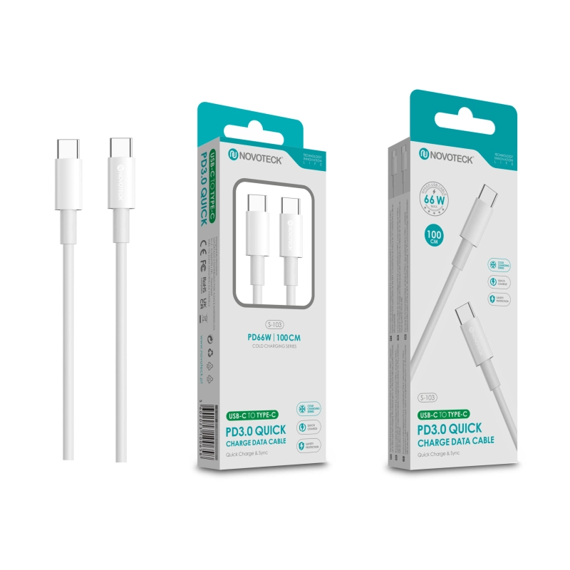 Cabo USB-C para USB-C NOVOTECK S-103 - Carregamento Rápido PD 3.0, 66W, Sincronização de Dados, 100cm