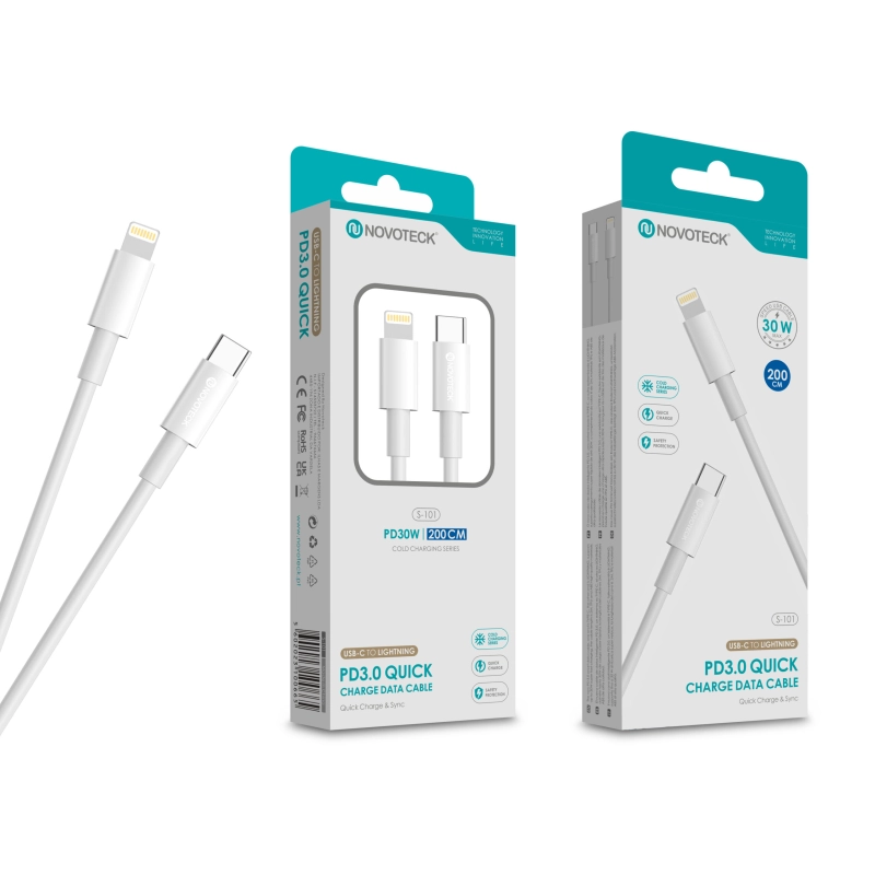 Cabo USB-C para Lightning NOVOTECK S-101 - Carregamento Rápido PD 3.0, Dados, 30W, 200cm