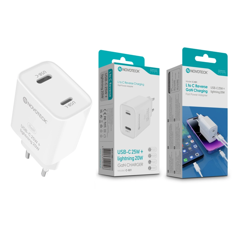 Carregador GaN NOVOTECK C-021 - USB-C 25W + Lightning 20W, Tecnologia PD