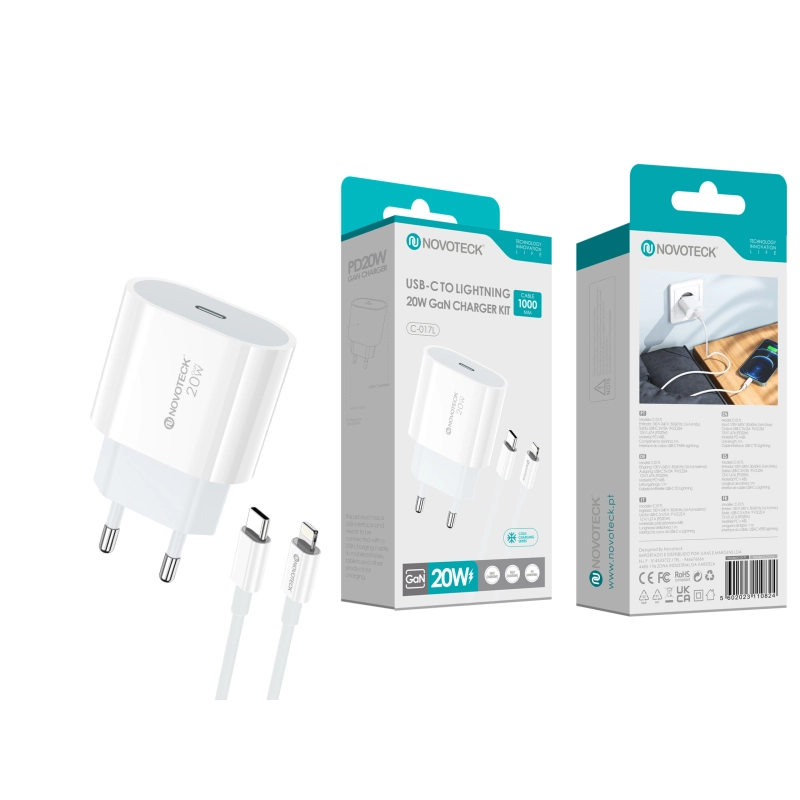 Carregador GaN USB-C PD 20W Cabo Usb-C to Lightning NOVOTECK C-017L
