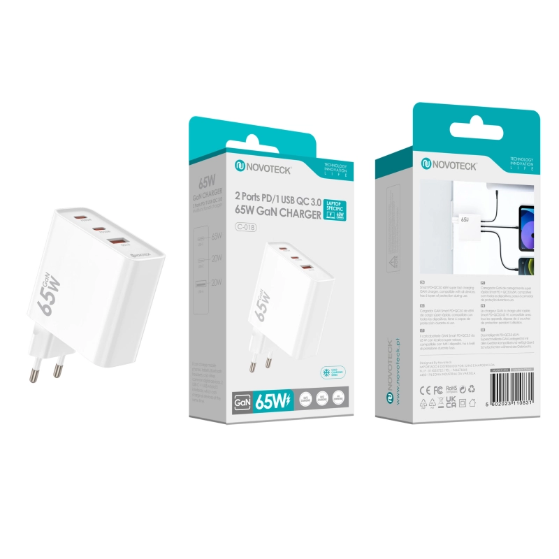 Carregador GaN PD 65W NOVOTECK C-018 Type-C 65w/Type-C 20w/Usb 20w
