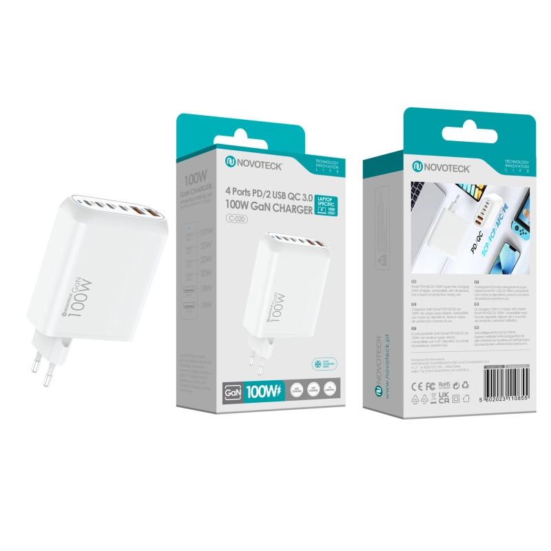 Carregador GaN PD 100W TYPE-CX4 + USBX2 NOVOTECK C-020