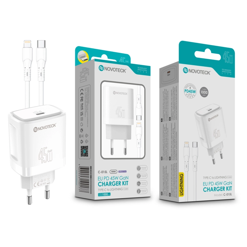 Kit Carregador Rápido NOVOTECK C-015L PD 45W GaN - Com Cabo Type-C para Lightning, Portátil e Eficiente