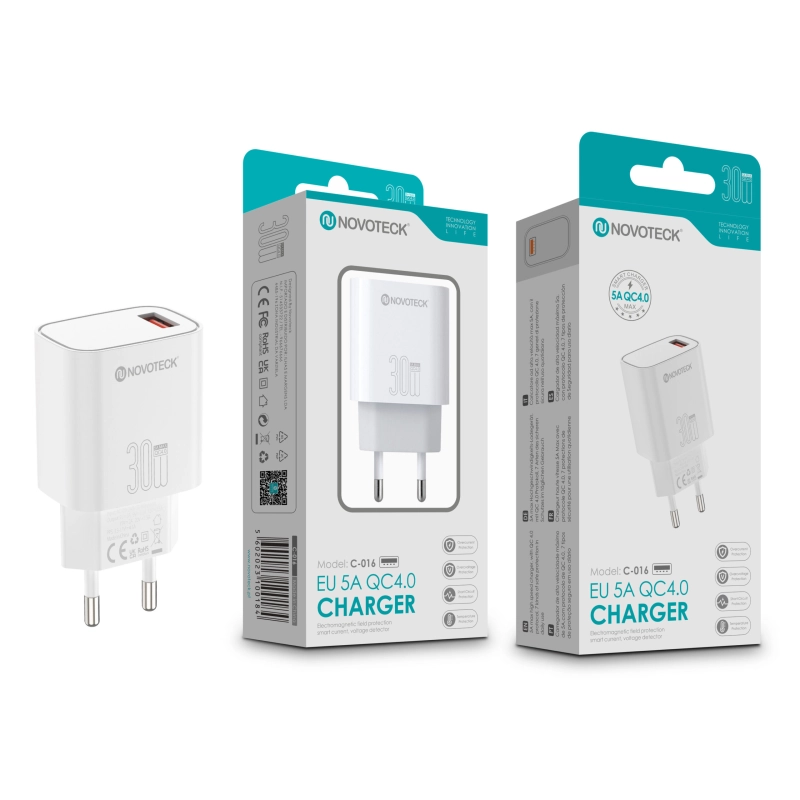 Carregador Rápido NOVOTECK C-016 QC4.0 30W - Carregamento Eficiente de 5A, Compacto e Seguro Branco