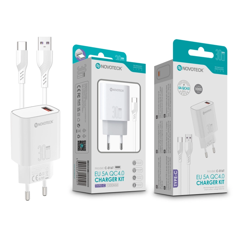 Kit Carregador Rápido NOVOTECK C-016T QC4.0 30W - Inclui Cabo Type-C, Carregamento Ultra-Eficiente Branco