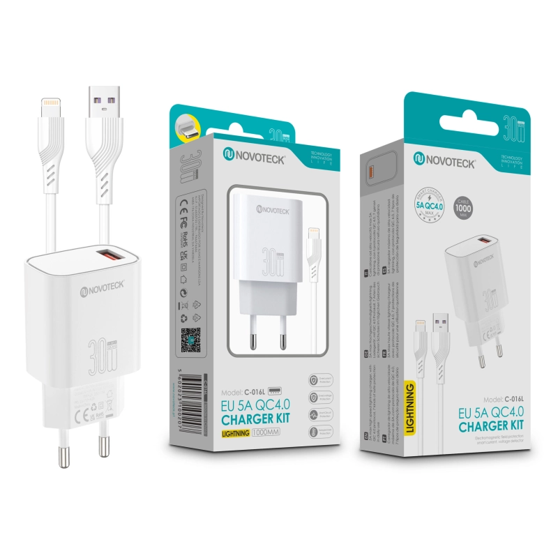 Kit Carregador Rápido NOVOTECK C-016L QC4.0 30W - Com Cabo Lightning, Carregamento Rápido e Seguro Branco