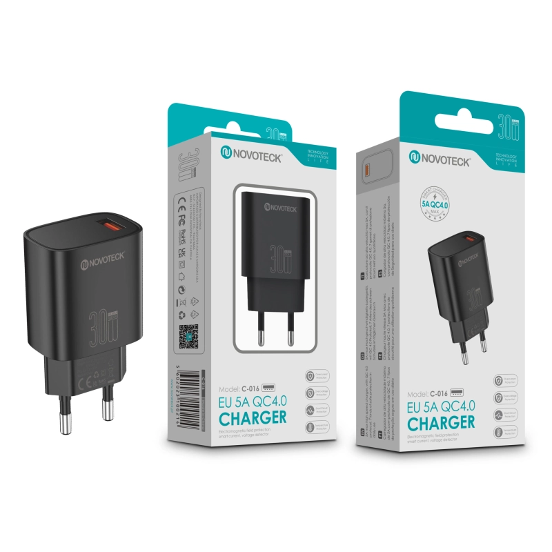 Carregador Rápido NOVOTECK C-016 QC4.0 30W - Carregamento Eficiente de 5A, Compacto e Seguro Negro