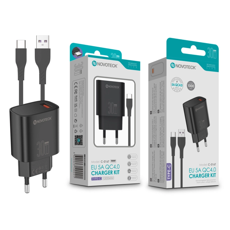 Kit Carregador Rápido NOVOTECK C-016T QC4.0 30W - Inclui Cabo Type-C, Carregamento Ultra-Eficiente Negro