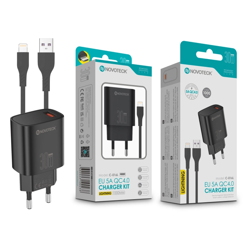 Kit Carregador Rápido NOVOTECK C-016L QC4.0 30W - Com Cabo Lightning, Carregamento Rápido e Seguro Negro