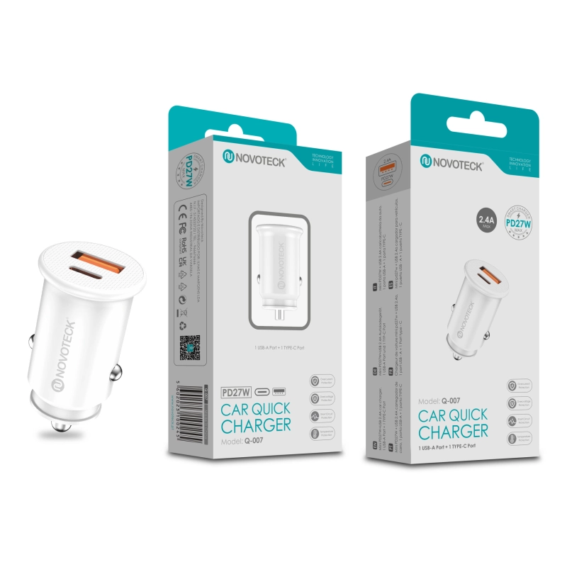 Carregador Rápido para Carro NOVOTECK Q-007 PD 27W - Portas USB-C e USB-A, Carregamento Duplo e Seguro