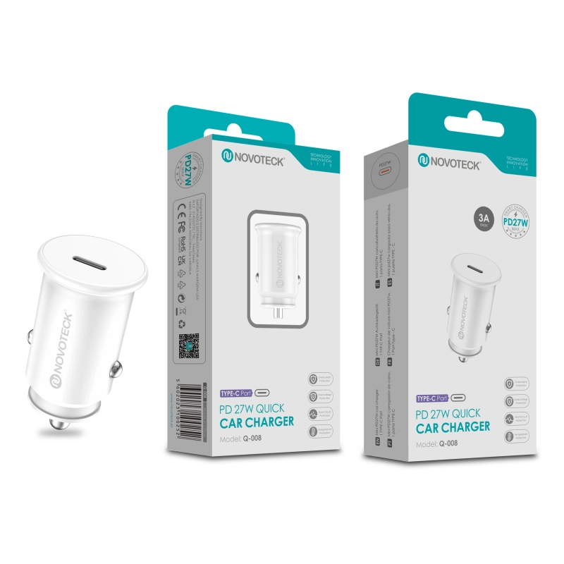 Carregador Rápido PD 27W para Carro NOVOTECK Q-008 - USB-C, 3A, Segurança Certificada Branco
