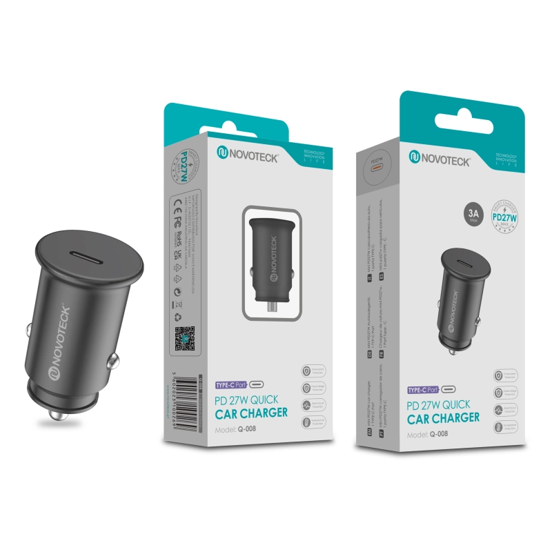 Carregador Rápido PD 27W para Carro NOVOTECK Q-008 - USB-C, 3A, Segurança Certificada Negro