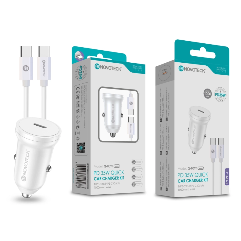 Kit Carregador Rápido para Carro NOVOTECK Q-009T PD 35W - Inclui Cabo Usb-C to Type-C de 1m, Carregamento Eficiente e Seguro