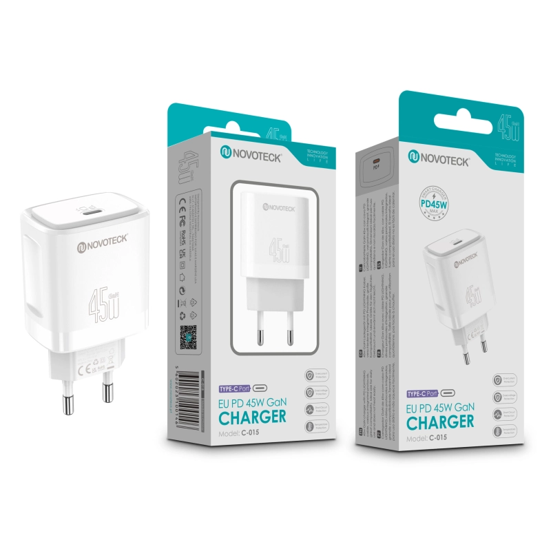 Carregador Rápido NOVOTECK C-015 EU PD 45W GaN - Compatível com USB-C, Portátil e Potente,Branco