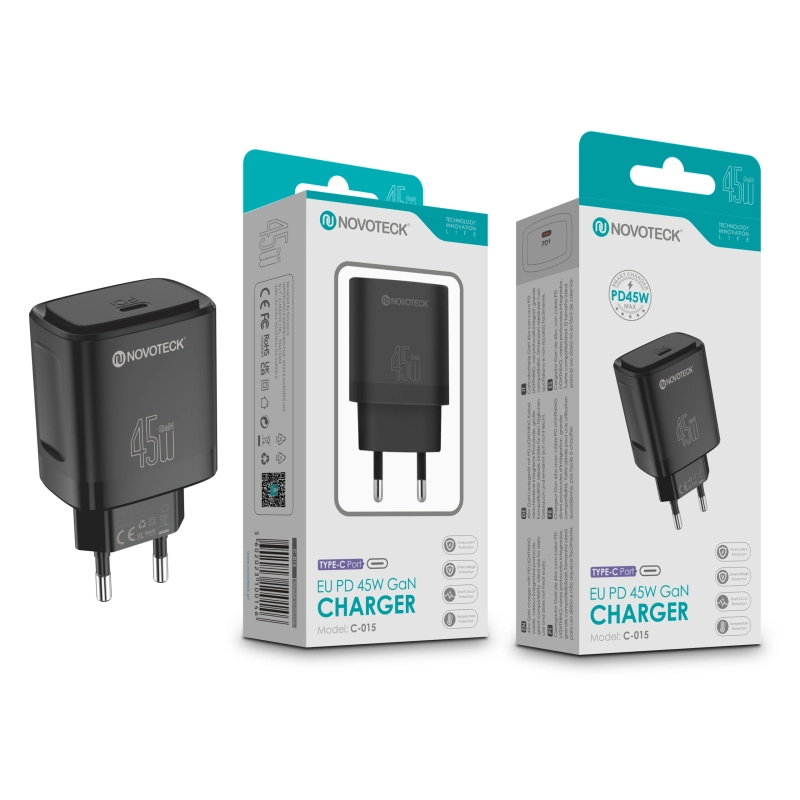 Carregador Rápido NOVOTECK C-015 EU PD 45W GaN - Compatível com USB-C, Portátil e Potente,Negro