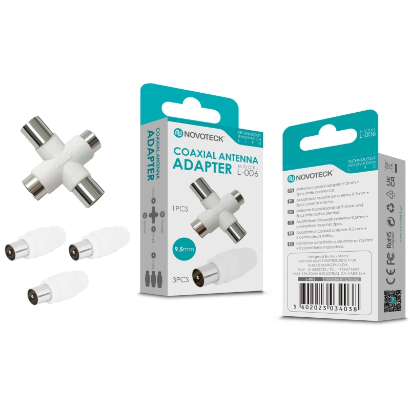 Adaptador de Antena Coaxial NOVOTECK L-006 - Conector Triplo Macho, Instalação Rápida, Alta Durabilidade