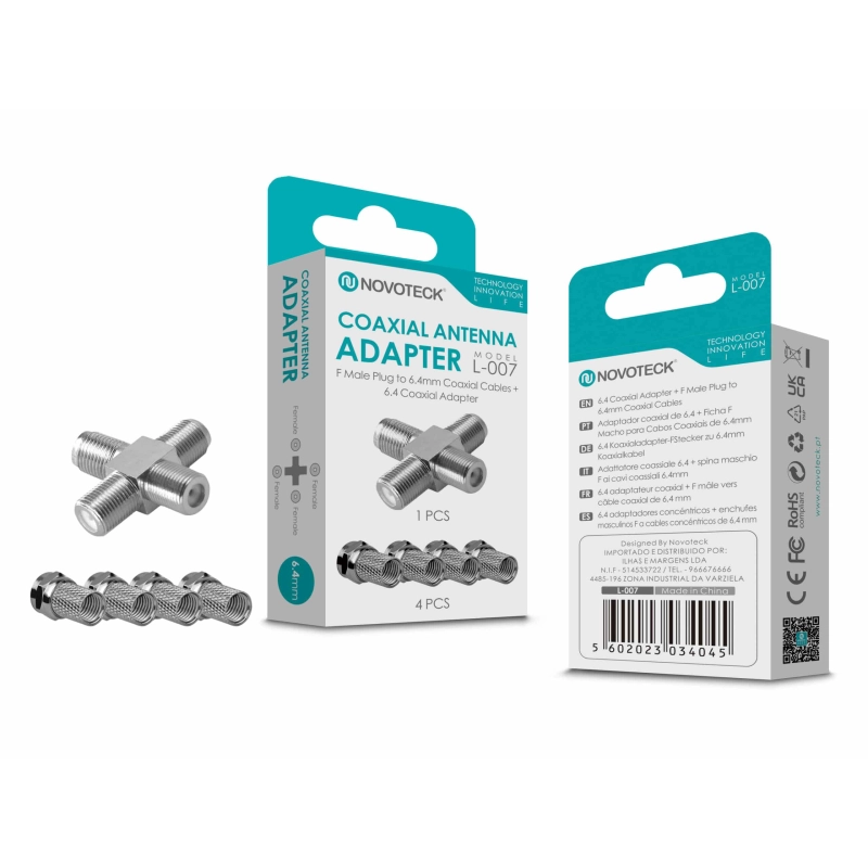 Adaptador Coaxial de Antena NOVOTECK L-007 - Conector F Macho para 6.4mm, Pacote com 4, Alta Durabilidade