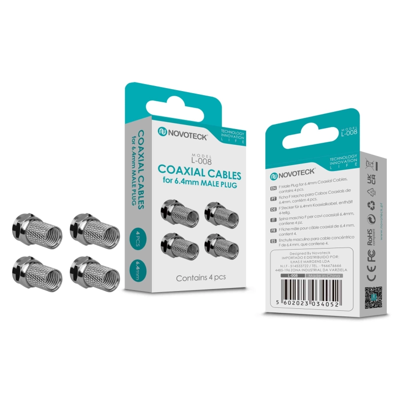 Conjunto de Conetor Coaxiais NOVOTECK L-008 - Conectores F Macho para 6.4mm, Pacote com 4, Instalação Fácil
