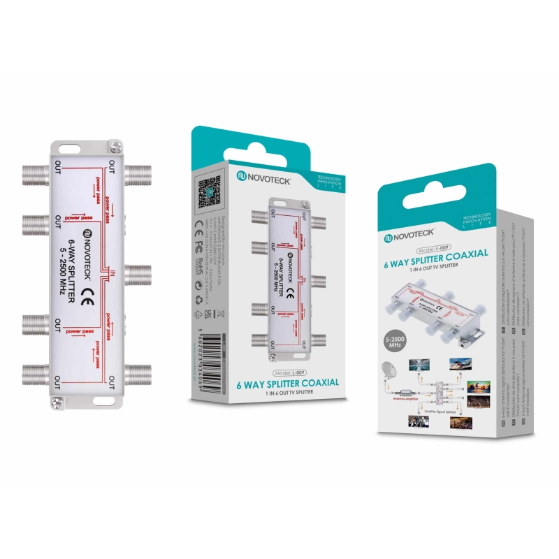 Divisor Coaxial de 6 Vias NOVOTECK L-009 - 5-2500 MHz, Power Pass, Construção Metálica Durável