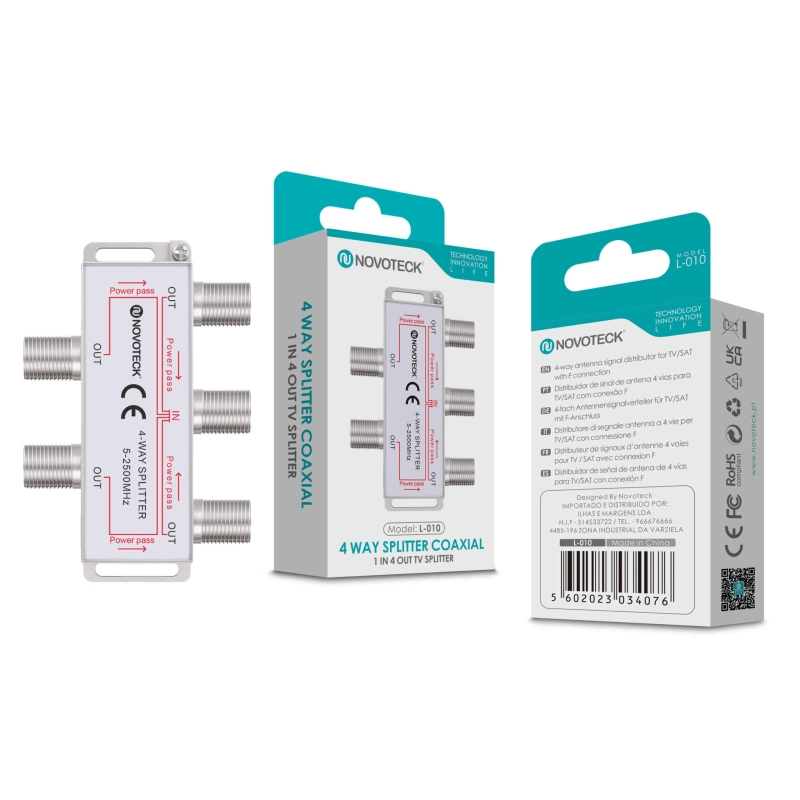 Divisor Coaxial de 4 Vias NOVOTECK L-010 - Compatível com TV/SAT, Power Pass, 5-2500 MHz