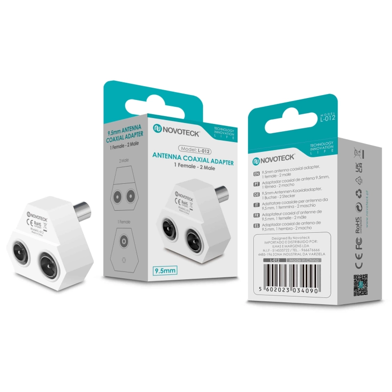 Adaptador Coaxial de Antena NOVOTECK L-012 - 1 Fêmea para 2 Macho, Alta Qualidade, Fácil Instalação