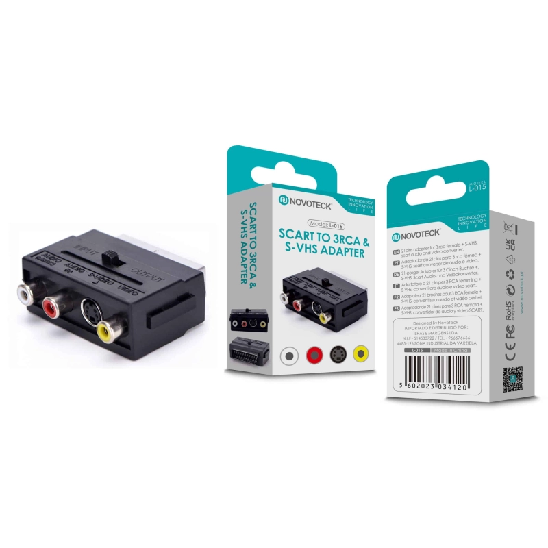 Adaptador Novoteck SCART para 3RCA & S-VHS – Modelo L-015, Conversor de Áudio e Vídeo de Alta Fidelidade, Compatível com Sinal S