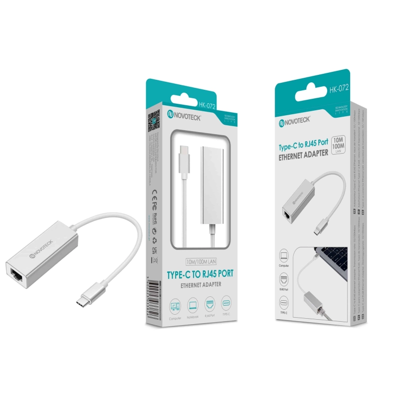 Adaptador Ethernet NOVOTECK Tipo-C para RJ45 - Conexão de Rede 10/100M, Modelo HK-072