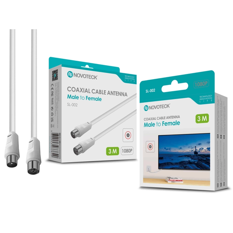 Cabo Coaxial de Antena Novoteck SL-002 – Macho para Fêmea, 3,0m