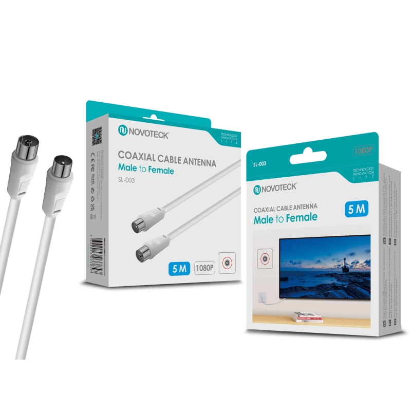 Cabo Coaxial de Antena Novoteck SL-003 – Macho para Fêmea, 5,0m