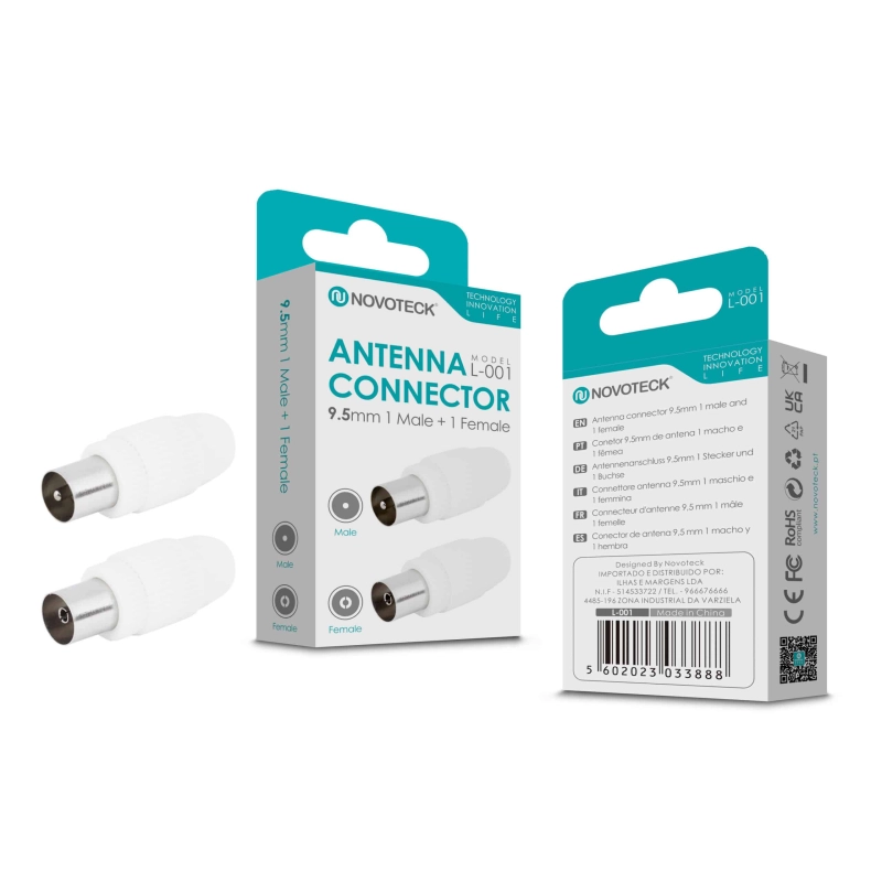 Conector de Antena NOVOTECK L-001 - Macho 9,5mm + Fêmea, Conexão Estável, Instalação Fácil
