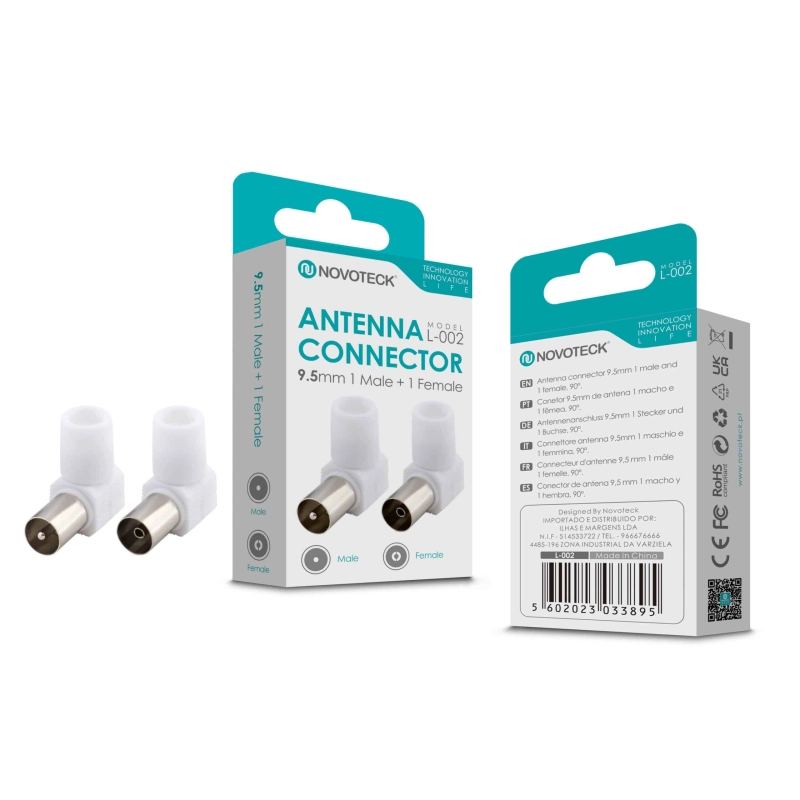 Conector de Antena em Ângulo NOVOTECK L-002 - Macho 9,5mm + Fêmea 90°, Conexão Segura e Durável
