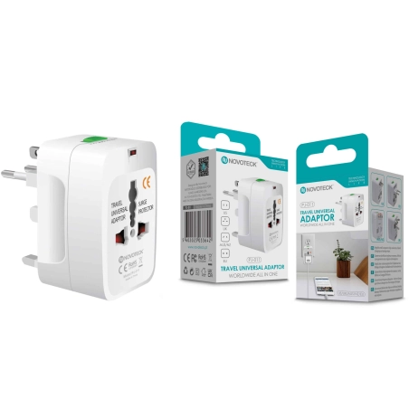 Adaptador Universal de Viagem NOVOTECK PJ-011 - Compatível Mundialmente, Proteção contra Surtos, Design Portátil US-UK-EU-AUS