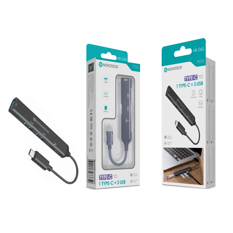 Hub Multifuncional NOVOTECK Tipo-C - 1 Porta Tipo-C e 3 Portas USB HK-065
