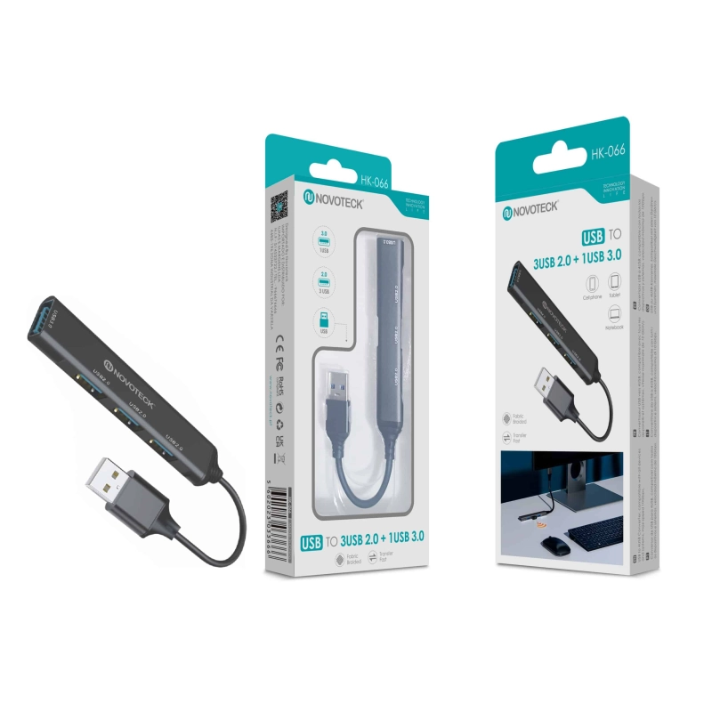 Hub USB NOVOTECK - Expansão com 3 Portas USB 2.0 e 1 Porta USB 3.0 HK-066
