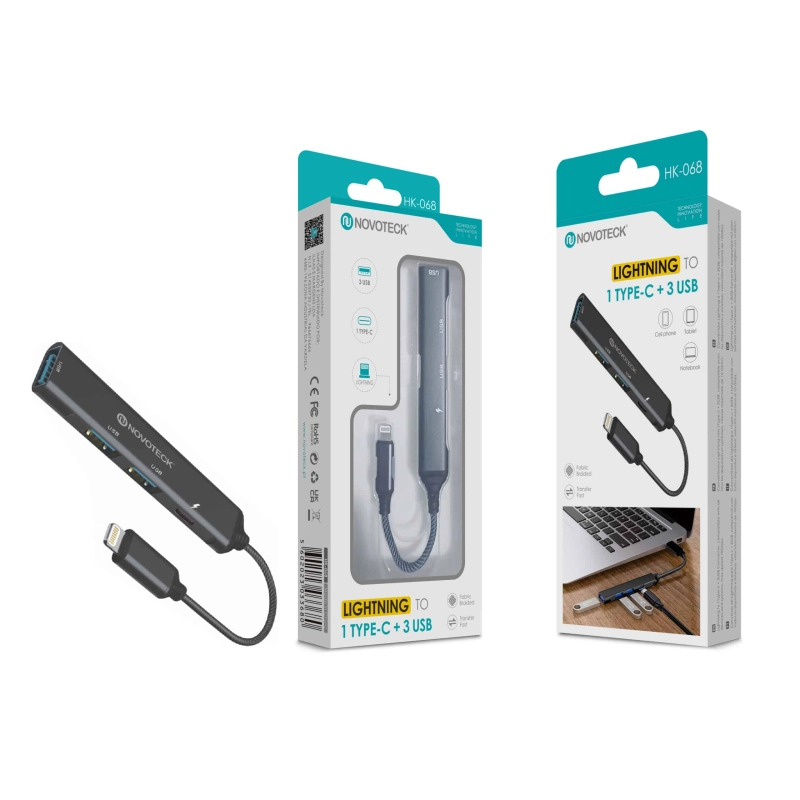 Hub NOVOTECK Lightning - Expansão para 1 Tipo-C e 3 USB HK-068