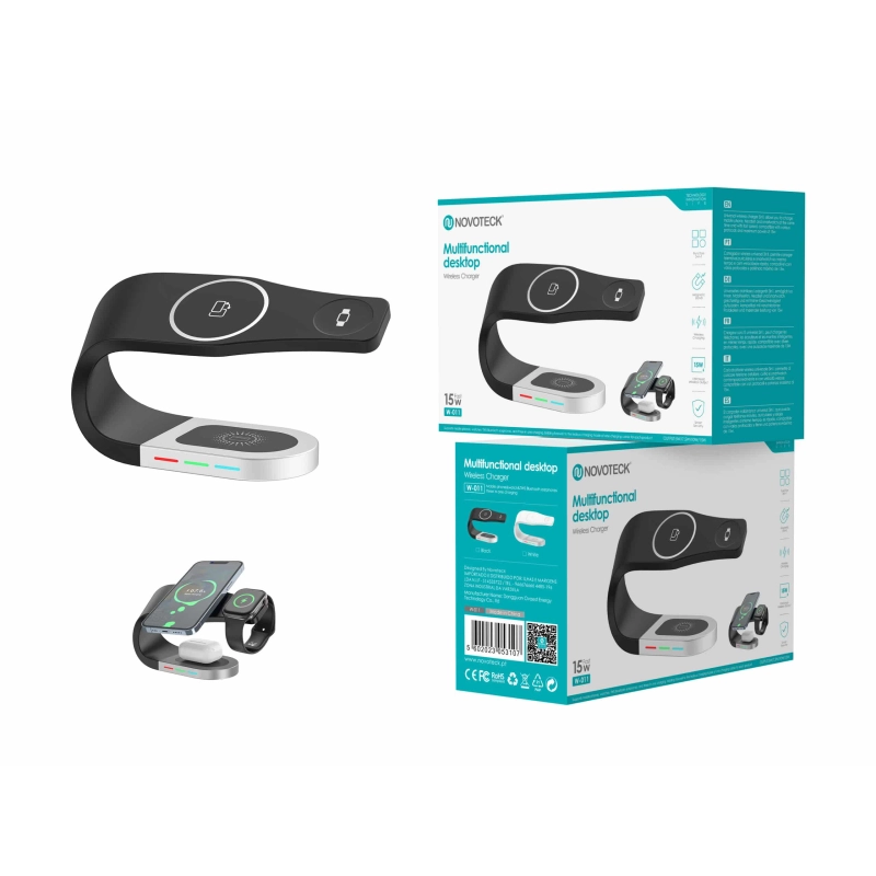 Estação de Carregamento Sem Fio 3-em-1 Novoteck W-011 - 15W, Carregador para Smartphone, Smartwatch e Fones, Indicadores LED