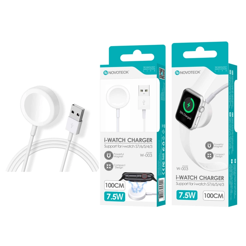 Carregador Magnético i-Watch Novoteck W-003 - Compatível com Séries 7/6/5/4/3, 7.5W, Cabo de 100cm
