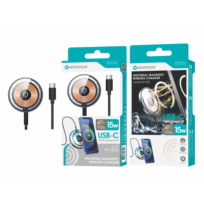 Carregador Magnético Sem Fio Universal Novoteck W-005 - 15W, USB-C, Compatibilidade Ampla