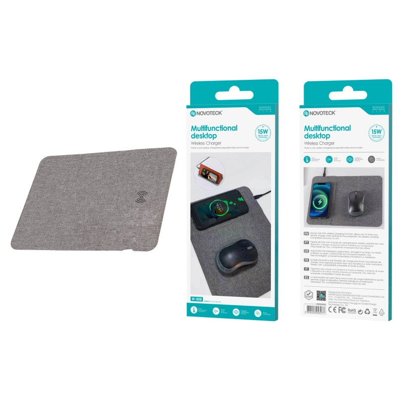 Tapete de Rato W-008 com Carregador Sem Fio - 15W, Tecido, Suporte Integrado, Compatível com Qi