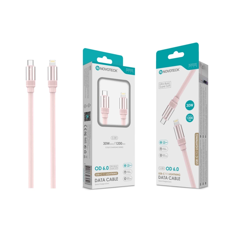 Cabo USB-C para Lightning Rosa PD 30W,OD 6.0 Super Grosso, 1.2m, S-081