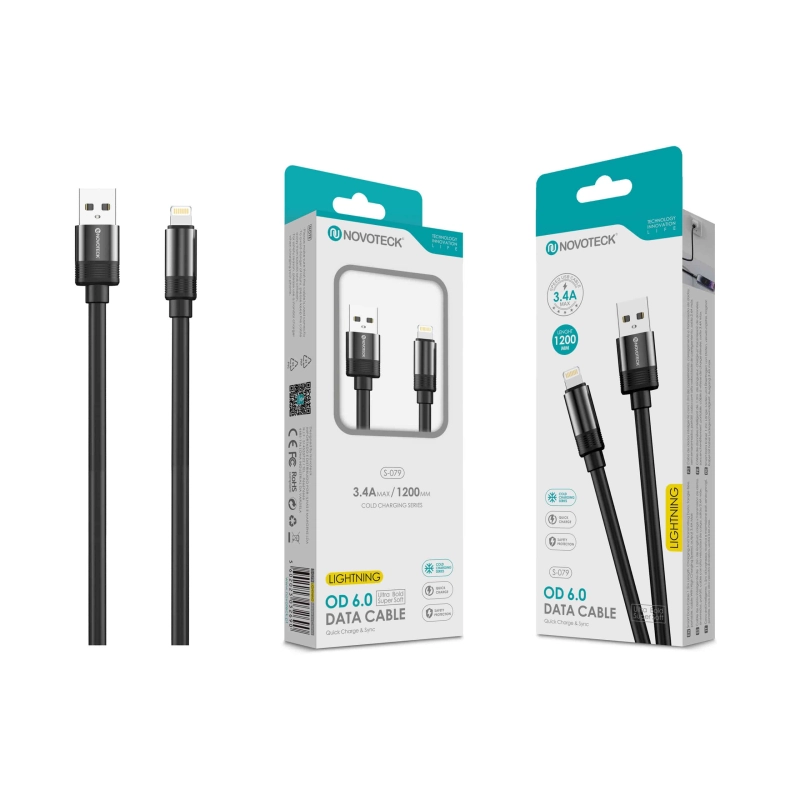 Cabo de Dados Lightning 3.4A,1.2m,OD 6.0 Super Grosso,Negro,Alta Durabilidade S-079