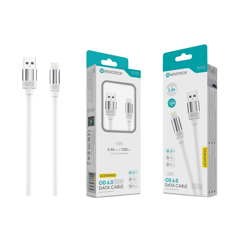 Cabo de Dados Lightning 3.4A,1.2m,OD 6.0 Super Grosso,Branco,Alta Durabilidade S-079