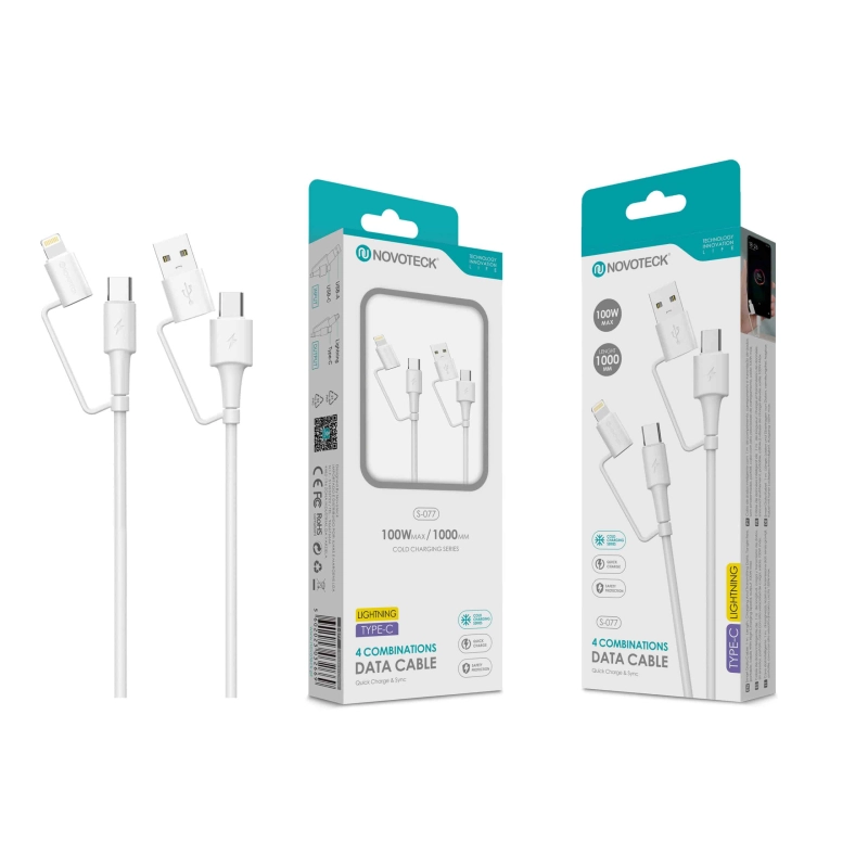 Cabo de Dados 4 em 1 Novoteck S-077 - Carregamento Rápido 100W, Lightning/Type-C, 1m