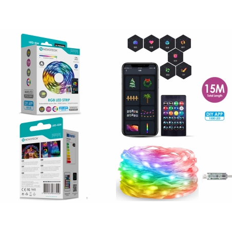 Fita LED Strip RGB Personalizável Novoteck LED-034 - 15m, 1500 LEDs, 5W, DIY App, IP65