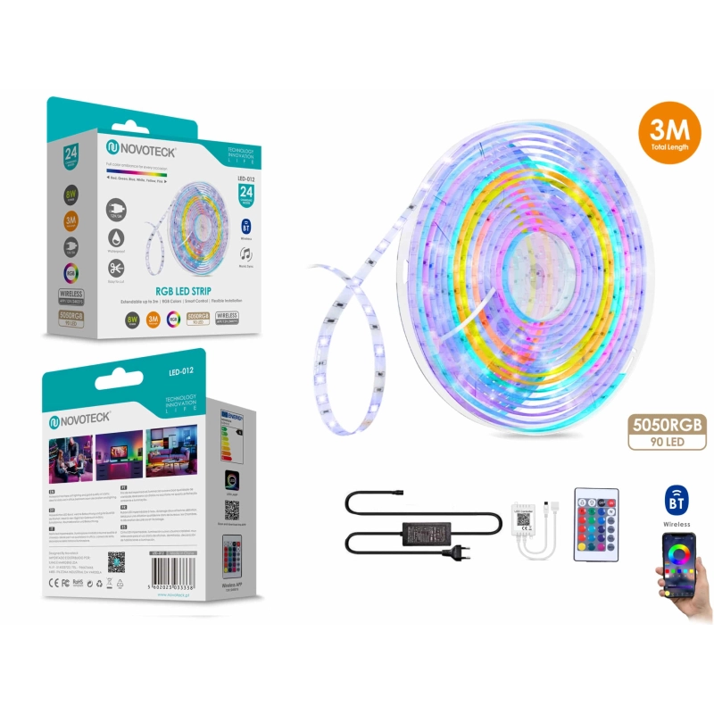 Fita Led 3M 12V 5050Rgb 90Led 8W Bt App Ip65 LED-012