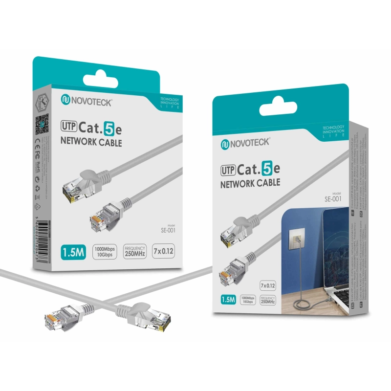 Cabo de Rede Novoteck UTP Cat.5e SE-001 - 1,5m, RJ45,Alta Velocidade 1000 Mbps, 250MHz
